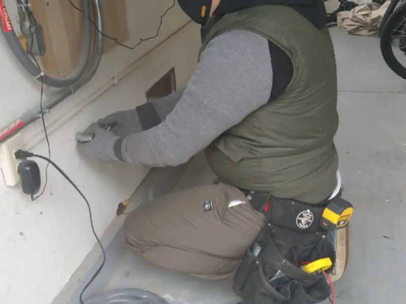 Electrician performing outlet wiring in a Richmond garage